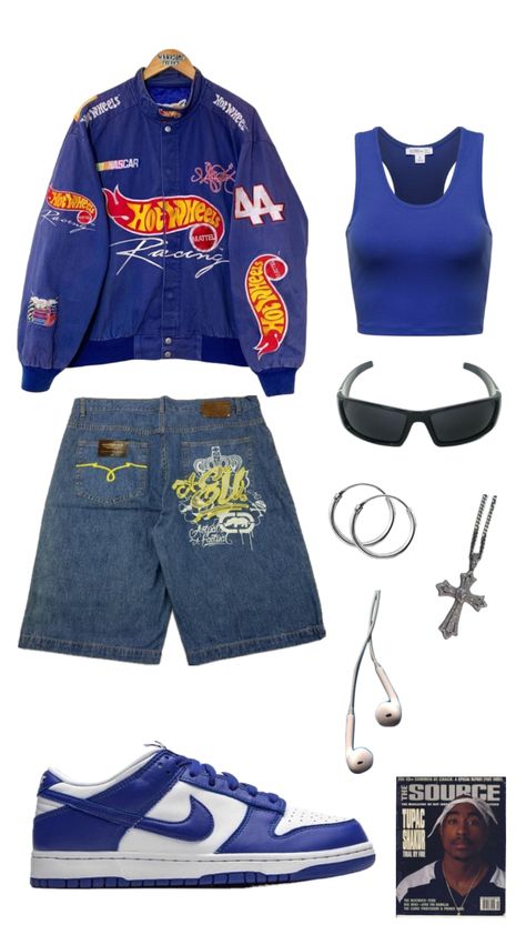 #y2k #tupac #tupacshakur #tupac4life #y2koutfit #outfitinspo Blue Street Wear Outfit, Tupac Inspired Outfits, Tupac Outfit Ideas, 90s Outfits Streetwear, Tupac Shakur Outfits, Tupac Outfits, Street Style Outfits Casual, Outfit Inspo Casual, Tomboy Style Outfits