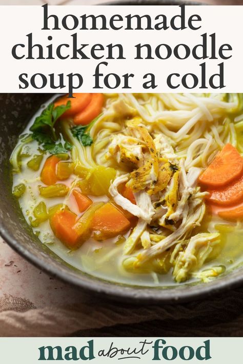 As soon as the sniffles hit, make this Homemade Chicken Noodle Soup for a Cold! The hydrating broth and filling turmeric chicken are the perfect things to help you heal. Roast Chicken Noodle Soup, Chicken Soup For Colds, Soup For Sick, Soup For A Cold, Comfort Soups, Chicken Broth Soup, Best Chicken Noodle Soup, Turmeric Chicken, Chicken Noodle Soup Easy