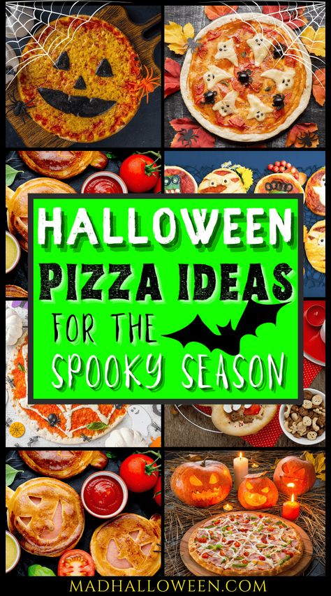 Mini Halloween Pizzas, Halloween Themed Pizza, Homemade Halloween Pizza, Spooky Pizza Ideas, Spooky Lasagna, Spiderweb Pizza, Halloween Mini Pizza, Halloween Dessert Pizza, Halloween Pizza Party