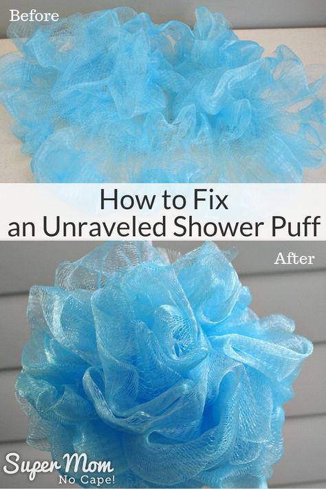 Got an unraveled shower puff? Follow the quick, easy steps in this tutorial for how to fix an unraveled shower puff to have it looking like new again. #showerpuff #bathpuff Sewing Classes For Beginners, Diy Infinity Scarf, Infinity Scarf Tutorial, Shower Puff, Sewing Business, Beginner Sewing Projects Easy, Sewing Stitches, Leftover Fabric, Quilting For Beginners