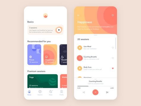 Meditation App by Alex Volk   #dribbble #design #mobiledesign #appdesign #productdesign การออกแบบ Ui Ux, Mindfulness App, Library App, Dribbble Design, Meditation App, Web Design Mobile, Meditation Apps, 카드 디자인, App Design Inspiration