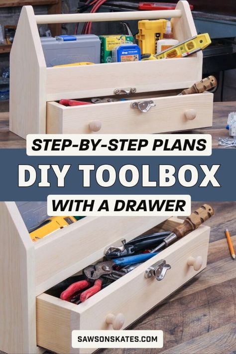 DIY Wooden Toolbox with Drawer (Simple & Sturdy) | Saws on Skates® Diy Wooden Tool Caddy, Tool Box Organization Ideas Diy, Wooden Tool Caddy, Mdf Projects, Wood Caddy, Small Tool Box, Small Easy Woodworking Projects, Tech Projects, Wooden Box Diy