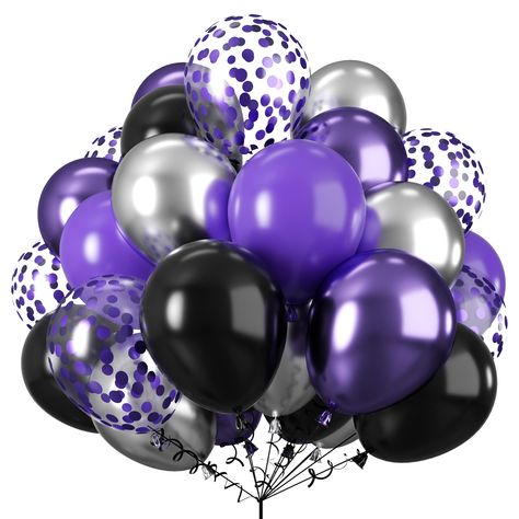 Purple And Black Themed Birthday Party, Purple And Silver Decorations, Purple And Black Balloons, Purple And Silver Birthday Party, Reusable Balloons, 60 Balloons, Silver Balloons, Building Bridges, Silver Confetti