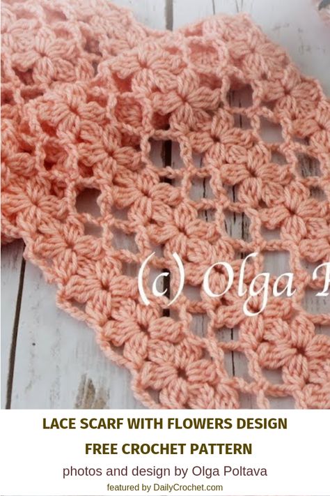 Lacy And Light Flower Scarf Crochet Pattern - Knit And Crochet Daily Flower Scarf Crochet, Crochet Flower Scarf, Crochet Lace Scarf, Flower Knit, Crocheted Shawl, Debbie Macomber, Crochet Scarf Pattern Free, Pola Amigurumi, Flower Scarf