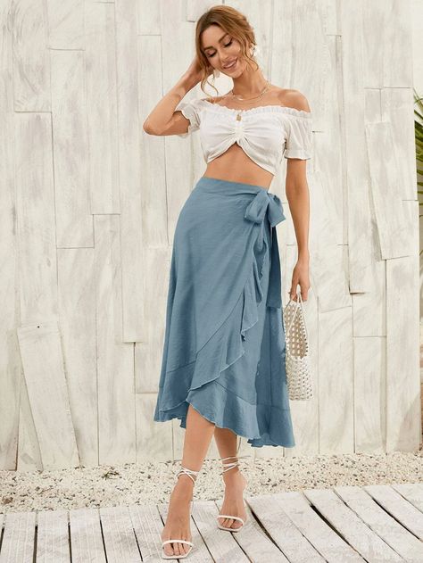 Wrap Skirt Outfit Summer, Wrap Skirt Outfit, Midi Outfits, Knot Skirt, Skirt Outfit Summer, Midi Wrap Skirt, Sarong Skirt, Solid Skirt, Women Bottoms