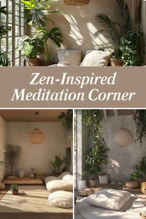 Create a tranquil meditation corner with minimal decor and natural elements. #MeditationCorner #ZenDecor #CalmSpaces Zen Den Meditation Rooms, Yoga Corner At Home, Pop Decor, Yoga Corner, Zen Corner, Yoga Meditation Room, Zen Den, Meditation Room Decor, Healing Room