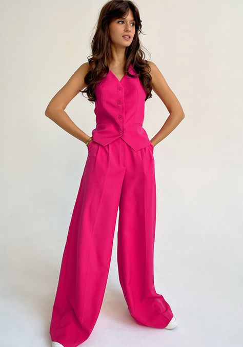 Vest Suit Women's, Wide Leg Trousers Outfit, Hot Pink Outfit, Wide Leg Pant Suit, Button Vest, Elegant Blazers, Pink Vest, High Waist Wide Leg Pants, Casual Vest