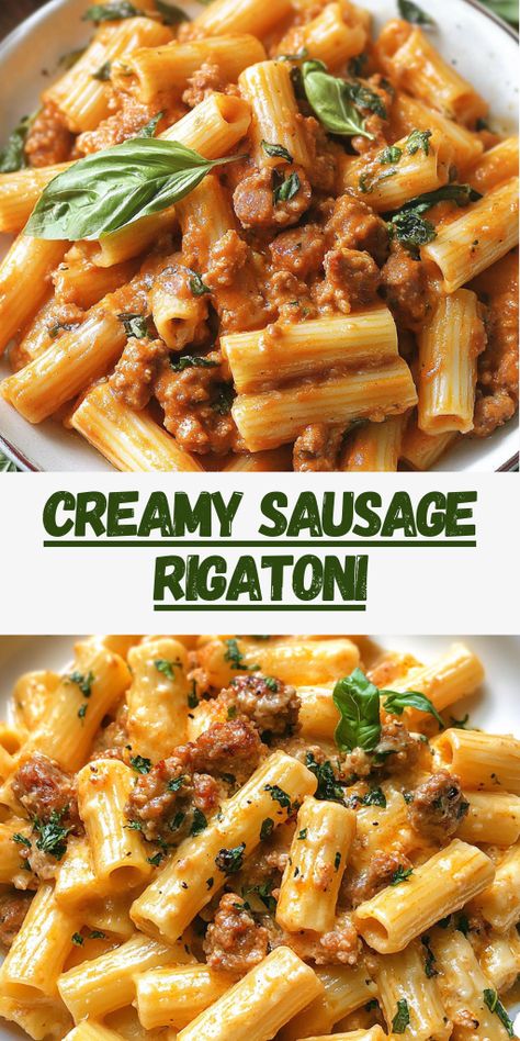 Looking for a satisfying meal? This Hearty Rigatoni Pasta with Savory Sausage and Creamy Tomato Sauce is what you need!   Ingredients:  12 oz rigatoni pasta 1 lb Italian sausage (mild or spicy) 2 cups fresh spinach 3 cloves garlic, minced 1/2 cup tomato paste 1/2 cup heavy cream 1/4 cup chicken broth 1 tbsp olive oil Salt and pepper to taste Fresh basil and grated Parmesan (for garnish) Mild Italian Sausage Recipes Dinners Pasta Dishes, Italian Sausage Rigatoni Pasta, Fresh Sausage Recipes Meals, Italian Chicken Sausage Pasta, Crumbled Sausage Pasta, Creamy Tomato Rigatoni, Creamy Mushroom Sausage Pasta, Creamy Sausage Pasta Recipes, Garlic Sausage Alfredo Rigatoni