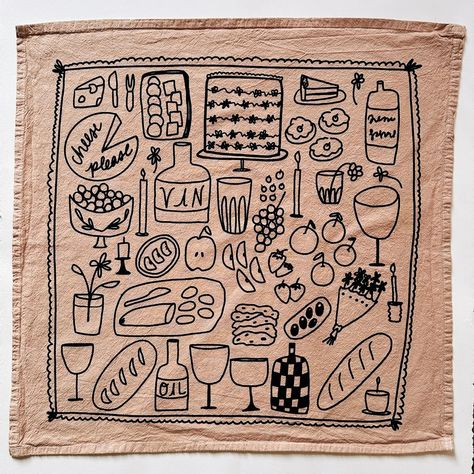 Picnic On Taupe Tea Towel - 100% Cotton - Faire Bell Stand, Feel Better Gifts, Spice Bowls, Olive Oil And Vinegar, Peach Tea, Design And Illustration, Towel Sizes, Makeup Gift, Hand Screen Printed