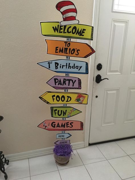 Dr Seuss Directional Signs, Dr Seuss Bulletin Board, Dr Seuss Decorations, Street Sign Decor, Doctor Suess Birthday, Dr Seuss Classroom, School Dr, Pole Sign, Dr Seuss Birthday Party