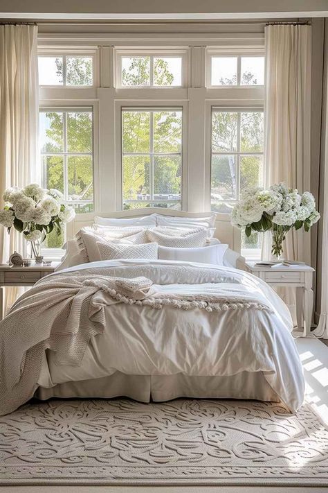 A bright and airy bedroom with elegant white decor, soft bedding, large windows, and fresh floral arrangements, creating a serene and inviting atmosphere. Windows Behind Bed Ideas, Dreamy White Bedroom, Cool Attic Rooms, Bright And Airy Bedroom, Bed In Front Of Window, Light Airy Bedroom, Light And Airy Bedroom, Creative Bathroom Design, Neutral Bedroom Design