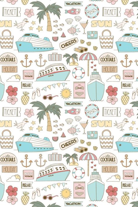 Fun summer cruise illustrations with cruise ships, palm trees, cocktails, tropical fish in lovely pastel colours. Cruise Ship Doodle, Cocktail Pattern Illustration, Summer Images Clipart, Cruise Journal Ideas, Cruise Doodle, Thailand Scrapbook, Cruise Ship Drawing, Cute Summer Doodles, Cruise Drawing