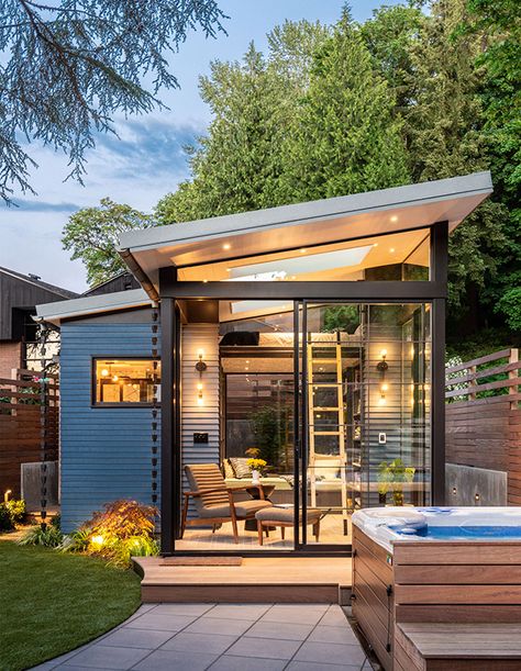 Turn Your Backyard Shed Into A Small Space Oasis With These Ideas - House & Home Small Garden Guest House, Backyard Library, Dreamy Backyard, Backyard Guest Houses, Backyard Cottage, Modern Shed, Backyard House, Backyard Studio, Backyard Office