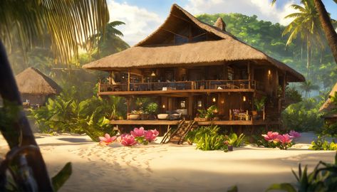 Minecraft Tropical House, Polynesian Architecture, Sand Village, House On The Beach, Beach Interior, House Layout, Tropical House, Village House, Sims 4 Houses