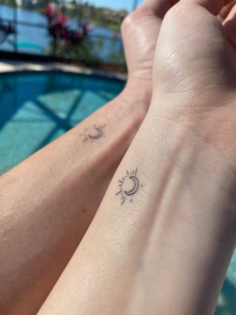 Tattoos by Johnny Black Sun And Moon Small Tattoo, Sun And Moon Tattoo Matching Couple, Sun And Moon Sister Tattoos, Half Sun Half Moon Tattoo, Simple Sun And Moon Tattoo, Tattoo For Husband, Sonne Mond Tattoo, Family Tattoo Ideas Matching, 3 Friend Tattoos