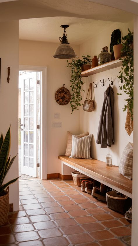 21+ Cozy Spanish Style Mudroom Ideas You'll Love Entryway With Cabinets, Walk In Foyer Entryway, Walk In Hallway Entry Ways, Mid Century Mudroom Ideas, Mud Room Built Ins With Bench, Entryway Office Ideas, Mirror Mudroom, Small Entry Mudroom, No Mudroom Solution