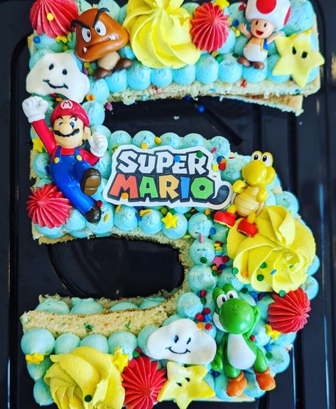 Mario Number Birthday Cake, 5 Cake Number Boy, Pokémon Number Cake, Number 5 Mario Cake, Easy Super Mario Cake Ideas, Mario Number Cake, Super Mario Number Cake, Easy Mario Cakes Birthday, Number Cakes For Boys