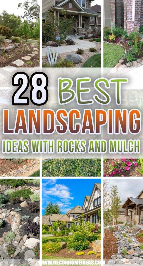 Best Front Yard Landscaping Ideas With Rocks And Mulch. These front yard landscaping ideas with rocks and mulch will help you build an inexpensive landscape around your house and boost your curb appeal. #decorhomeideas Inexpensive Front Yard Landscaping Diy, Front Yard Landscaping Design Ideas With Rocks, Landscaping With Flat Rocks, Front Yard Landscaping With Mulch And Rocks, All Rock Front Yard Landscaping Ideas, Front Yard Landscaping Design Ideas Modern, Mixed Rock And Mulch Landscaping, Simple Landscape For Front Of House, Boho Landscape Front Yard