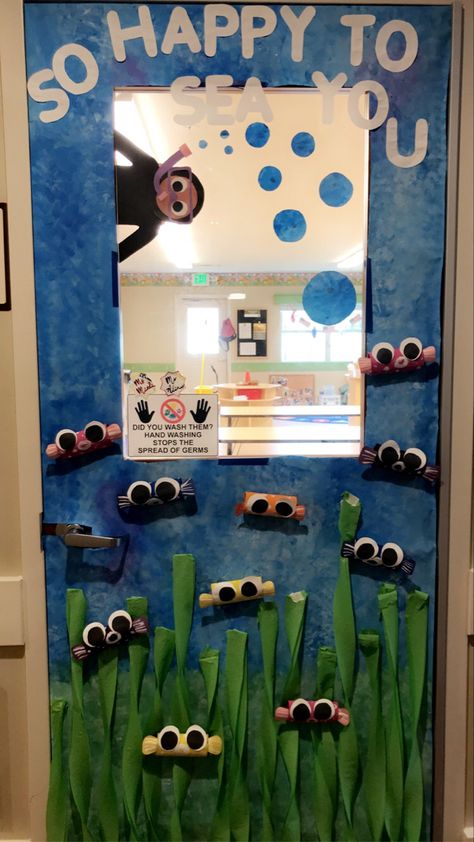 Scuba Diver Classroom Door, Ocean School Decorations, Under The Sea Teacher Door, Classroom Door Beach Theme, Underwater Classroom Theme Under The Sea, Jellyfish Door Decoration, Underwater Classroom Decor, Fish Door Decorations Classroom, Ocean Themed Door Classroom