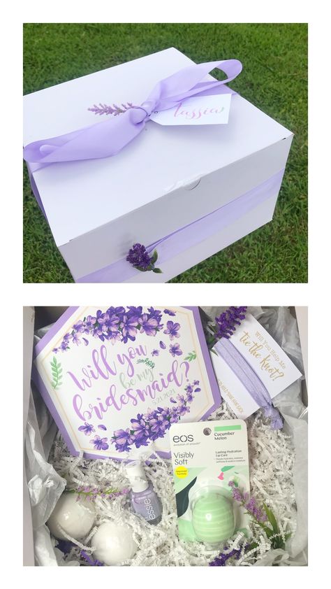 My bridesmaid proposal boxes 💜 Dusty Lilac Bridesmaid Dresses Lavender, Lavender Bridesmaid Proposal, Purple Bridesmaid Proposal, Bridesmaid Dresses Lilac Lavender Silk, Bridesmaid Proposal Lavender, Lavendar Bouquets Bridesmaid, Bridesmaid Proposal Purple, Will You Be My Bridesmaid Purple, Grey Wedding Theme