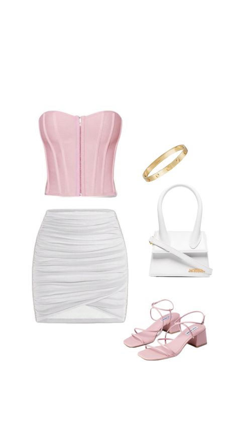 jaquemes holiday summer outfit pretty pink white gold cartier bracelet bag hook pink plt pretty little thing out fit rushed white skirt cute pink white top and skirt bag and bracelet pink strap heels short cute girls xx Gold Cartier Bracelet, Rushed Skirt, Small Heels, Pink Corset, Cartier Bracelet, White Corset, Holiday Summer, Create Outfits, Pretty Little Thing