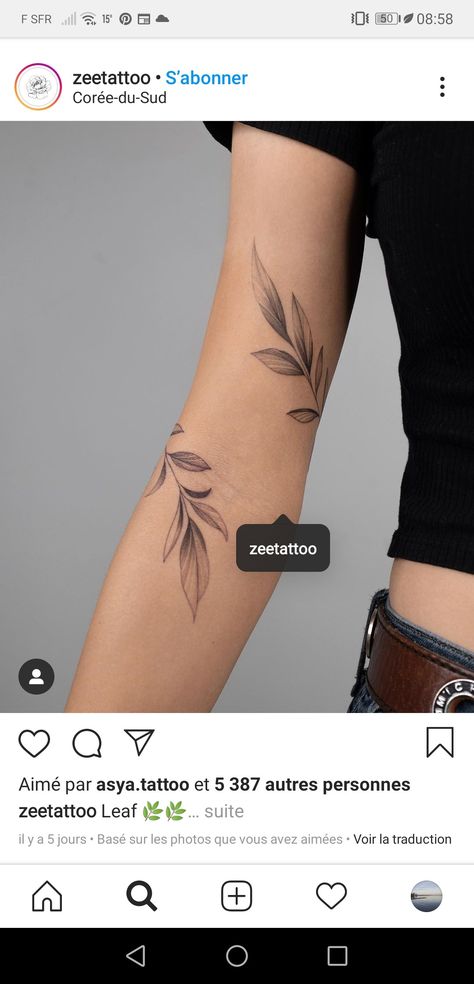 Leaf Tattoo Ideas For Women, Leaves Arm Tattoos For Women, Greenery Wrap Around Tattoo, Upper Arm Wrap Tattoos For Women, Leaf Forearm Tattoo, Armband Tattoo For Women Unique, Leaves Arm Tattoo, Minimal Plant Tattoo, Leaf Wrap Around Tattoo Arm