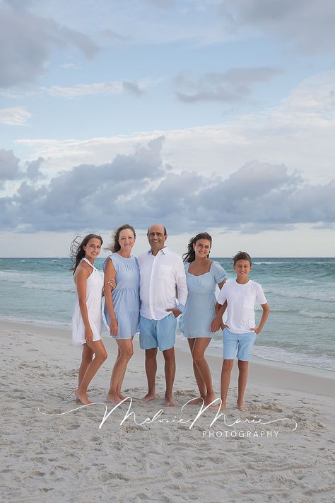 30A family beach portraits what to wear Family Beach Pic Outfit Ideas, Family Of 4 Beach Pictures Outfits, Beach Outfit For Family Pictures, Beach Outfit Pictures Family Portraits, Beach Photography Family Outfits, Pastel Beach Pictures Family, Destin Family Beach Photos, Light Blue Family Pictures, Beach Family Photos Adults