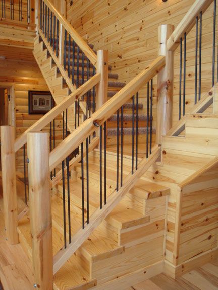 Natural stairs with iron spindles Cabin Loft Railing, House Interior Staircase, Stairs Interior Design, Pine Stair Treads, Rustic Renovations, Cabin Stairs, Stairs Interior, Stair Railing Ideas, Loft Railing