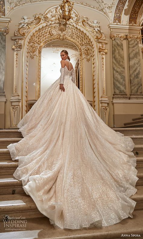 Long Sleeve Wedding Dress Ball Gown, Wedding Dresses Ball Gown Princess, Cathedral Length Wedding Dress, 2022 Wedding Dresses, A Line Ball Gown, Long Sleeve Ball Gowns, Wedding Dress Bustle, Queen Style, Off Shoulder Wedding Dress