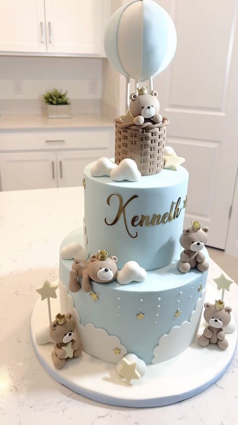 Gateau Baby Shower Garcon, Blue Baby Shower Cake, Baby Cake Design, Teddy Bear Birthday Cake, Bear Baby Shower Cake, Ladybug Cakes, Teddy Bear Cake, Baby Boy Birthday Cake, Baby First Birthday Cake