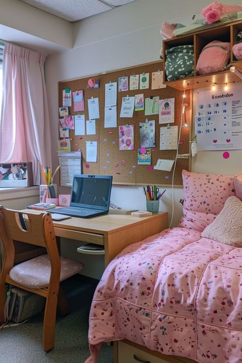 Dorm Vibes Room Ideas, Boarding Room Decor, School Apartment Decorating, Creative Room Aesthetic, Students Room Ideas, Pink Decorations For Room, Cute Dorm Aesthetic, Room Inspo Dorm, Uni Halls Room Ideas Uk