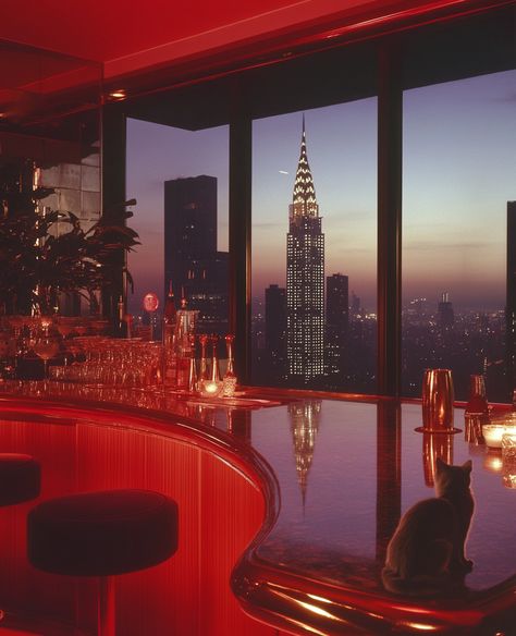 ✨🍷 Step into luxury in this stunning penthouse bar! With its rich 80s decor, dimly lit ambiance, and a mesmerizing view of the New York City skyline, it's the perfect spot to unwind. 🌆🕯️ The dark wood and marble blend seamlessly with velvet seating and vintage glassware, creating an air of opulence that's simply irresistible. 🥂✨ Don't forget to spot the charming grey cat lounging on the floor, ... New York Penthouse Luxury, Penthouse Bar, Curved Counter, Playlist Icons, 80s Chic, 80s Modern, Penthouse Luxury, New York Penthouse, Cozy Bar