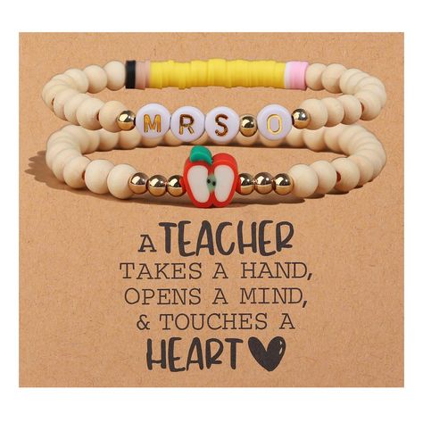 PRICES MAY VARY. TEACHER GIFTS: A teacher takes a hand, opens a mind and touches a heart. The personalized teacher bracelet set includes an initial letter MRS bracelet and a red apple bracelet. Apples symbolize wisdom and selfless love, and apple bracelets are the perfect thank-you gift for teachers. The meaningful apple and pencil themed design, definitely a great gifts for teachers. SIZE: Round bead size is about 6mm. The teacher bracelet lenght is about 6.5-7 inches. Use a strong elastic cord Teacher Bracelet, Students Christmas, Teacher Birthday Gifts, Teacher Birthday, Teachers Aide, Thank You Teacher Gifts, School Teacher Gifts, Great Teacher Gifts, Teachers Day