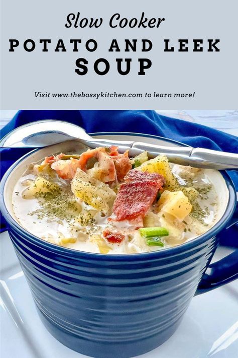 Potto and Leek Soup made in Crockpot and served in a blue mug. Slow Cooker Potato Leek Soup, Slow Cooker Potato, Creamy Potato Leek Soup, Potato And Leek Soup, Soup Slow Cooker, Slow Cooker Potatoes, Arugula Salad Recipes, Creamed Leeks, Potato Leek