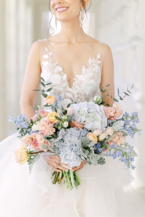 📸: Jeff Brummett Visuals 📋: Southern Affairs Weddings & Events 📍: The Olana 💐: Haute Floral Blue Peach Wedding, Ruffled Wedding Dress, Vision Ideas, The Olana, Pastel Wedding Theme, Hydrangea Bouquet Wedding, Peach Wedding Flowers, Pastel Wedding Flowers, Hydrangea Wedding