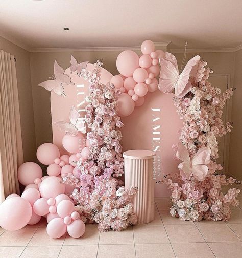 Pink Colour Birthday Decoration, Butterfly Backdrop Ideas, Butterfly Baby Shower Ideas, Bridal Shower Backdrop Ideas, Christening Theme, Fairy Theme Birthday Party, Butterfly Baby Shower Decorations, Butterfly Themed Birthday Party, Butterfly Birthday Theme