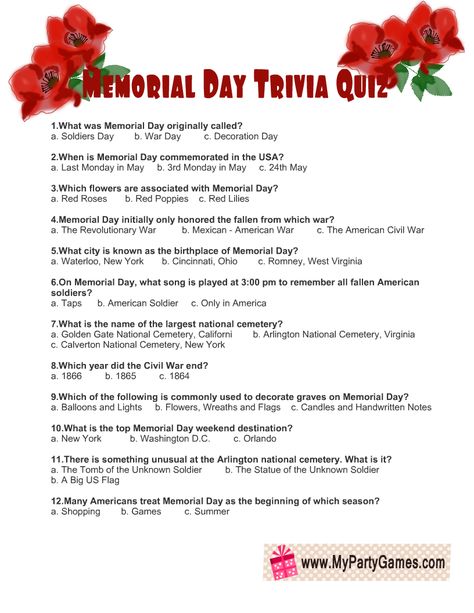 Memorial Day Trivia Free Printable, Memorial Day Trivia, Trivia For Seniors, Activities Director, Memory Care Activities, Memorial Day Activities, Nursing Home Activities, Printable Games For Kids, Quiz With Answers