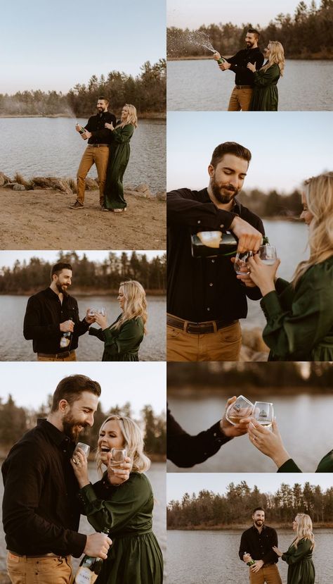 Fall Engagement Pictures Black Outfit, Engagement Dress For Pictures, Engagement Photos Outfits January, Engagement Session Champagne, Must Have Engagement Poses, Emerald Dress Engagement Pictures, Gold Dress Engagement Pictures, Golden Hour Engagement Pictures Fall, Forest Engagement Shoot Outfit