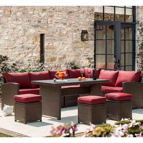 HOMREST Wicker/Rattan 9 - Person Seating Group with Cushions | Wayfair High Table And Chairs, Rattan Couch, Wicker Outdoor Sectional, Couch Dining Table, Outdoor Wicker Patio Furniture, Wicker Patio Furniture Set, Dining Table Chair, Back Yard Ideas, Patio Furniture Set