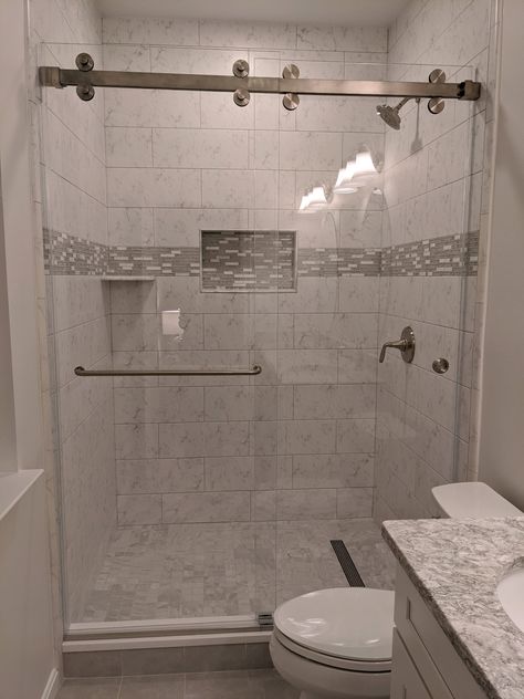 Farmhouse Shower Doors Walk In, Slide Door Shower Ideas, Walk In Showers With Glass Doors, Walk In Shower With Niche, Bathroom With Standing Shower Ideas, Glass Door Shower Walk In, Rolling Shower Glass Door, Replace Tub With Walk In Shower Ideas Small Bathroom, Replace Tub With Shower Walk In