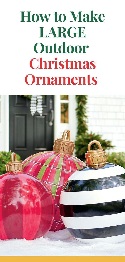 Want to wow your neighbors this Christmas? Learn how to make large outdoor ornaments that will make your yard the talk of the town. It’s easier than you think and a lot of fun too! Outside Christmas Display Ideas, New Year Outdoor Decoration, 2024 Outdoor Christmas Decorations, Giant Baubles Diy Outdoor Christmas, Diy Christmas Exterior Decorations, Classic Outdoor Christmas Decor, Outdoor Homemade Christmas Decorations, How To Make Outdoor Christmas Decor, Handmade Outdoor Christmas Decorations