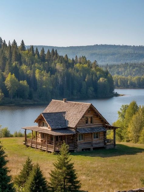 Cabin In A Field, Water Park Birthday, Woods Photos, Lakefront Cabin, Small Lake Houses, Cabin Houses, House On The Lake, House In The Forest, Bear Island