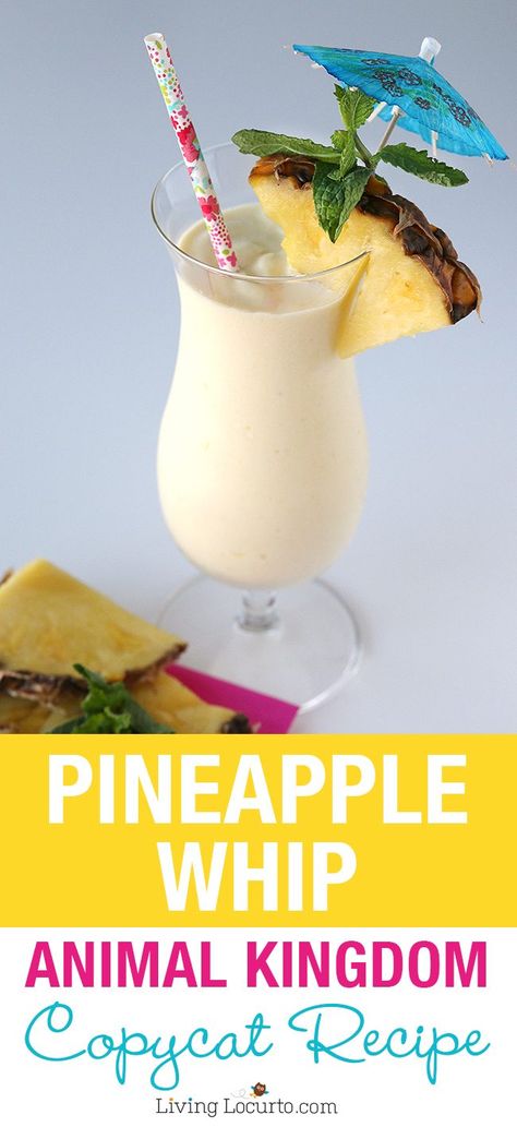 A delicious and simple copycat recipe for a Disney's Animal Kingdom Pineapple Dole Whip with rum! LivingLocurto.com Bamix Recipes, Pineapple Sangria Recipes, Dole Whip Disney, Pineapple Sangria, Pineapple Dole Whip, Coconut Rum Drinks, Pineapple Whip, Disney Animal Kingdom, Tequila Cocktail