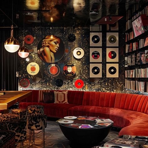 Jazz Aesthetic Room, Jazz Lounge Aesthetic, Music Venue Interior, Karaoke Room Design, Jazz Room, Lounge Aesthetic, Bar Lounge Design, Music Lounge, Jazz Lounge