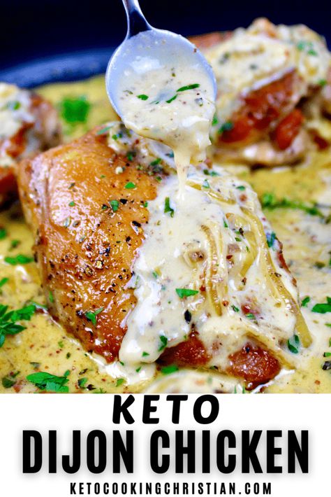 Creamy Dijon Chicken Thighs - Keto Cooking Christian Creamy Dijon Chicken, Creamy Dijon Sauce, Dijon Chicken Thighs, Pan Seared Chicken Thighs, Keto Chicken Thighs, Keto Chicken Thigh Recipes, Creamy Dijon, Dijon Sauce, Crockpot Chicken Thighs