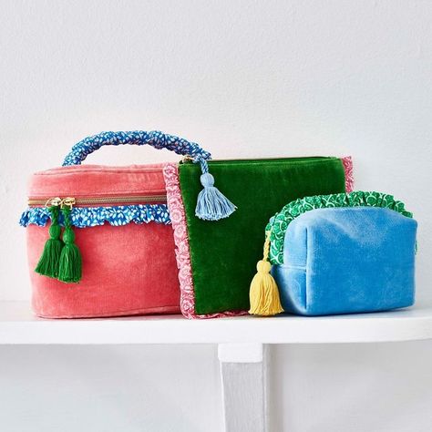 Oliver Bonas on Instagram: "Add colour to your cosmetics with make-up bags in frilled trims and tassel details Shop link in bio: Lila Pink Frill Vanity Case 1648461, Lila Green Frill Travel Pouch 1648386, Lila Blue Frill Makeup Bag 1648379" Velvet Makeup Bag, Make Up Pouches, Makeup Bag Design, Makeup Bag Diy, Vanity Pouch, Sewing Makeup Bag, Beauty Pouch, Diy Makeup Bag, Make Up Pouch