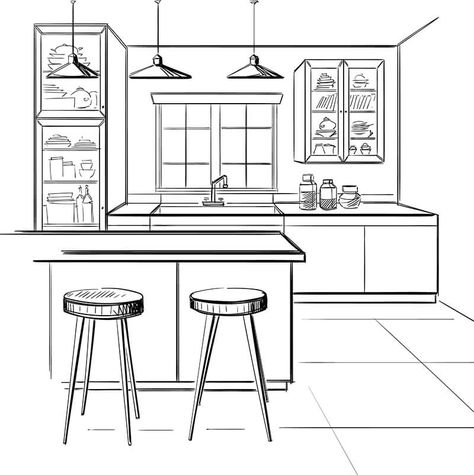 Bar stools in kitchen, sketch Bar Stool Height, Interior Design Sketchbook, Furniture Design Sketches, Kitchen Drawing, Kursi Bar, Kitchen Layout Plans, Interior Architecture Drawing, Interior Design Drawings, Interior Design Presentation