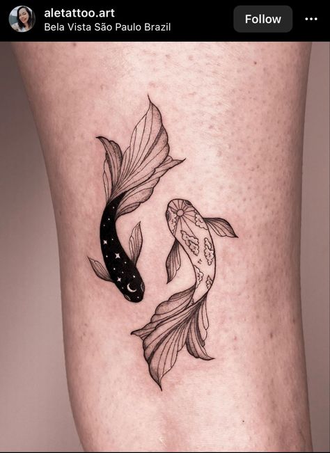 Night and day Pez Koi Tattoo, Goldfish Tattoo, Pisces Tattoo Designs, Koi Tattoo Design, Pisces Tattoos, Koi Tattoo, Simple Tattoo Designs, Vine Tattoos, Koi Fish Tattoo