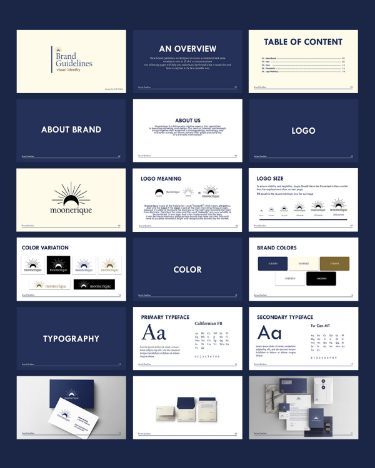 Brand Guidelines for Creative Agency , Moonerique Brand Book Examples, Modern Brochure Design, Minimalist Brochure, Brand Book Design, Brand Guidelines Book, Small Business Logo Design, Canva Graphic Design, Canva Branding, Digital Brochure