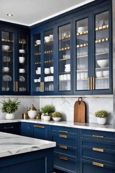 Navy blue cabinets kitchen design Glossy Blue Kitchen Cabinets, Navy Blue Cabinets Kitchen, Navy Blue Kitchens, Blue Cabinets Kitchen, Outdated Kitchen Cabinets, Blue And White Kitchen Cabinets, Navy Blue Cabinets, Blue Kitchen Inspiration, Remodel Checklist